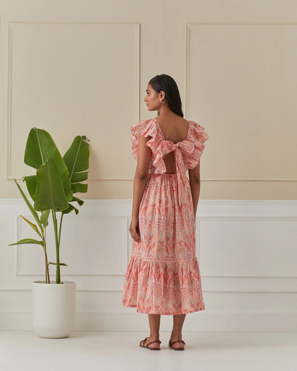 Coral Dancing Peacock, Butterfly Sleeve Long Dress