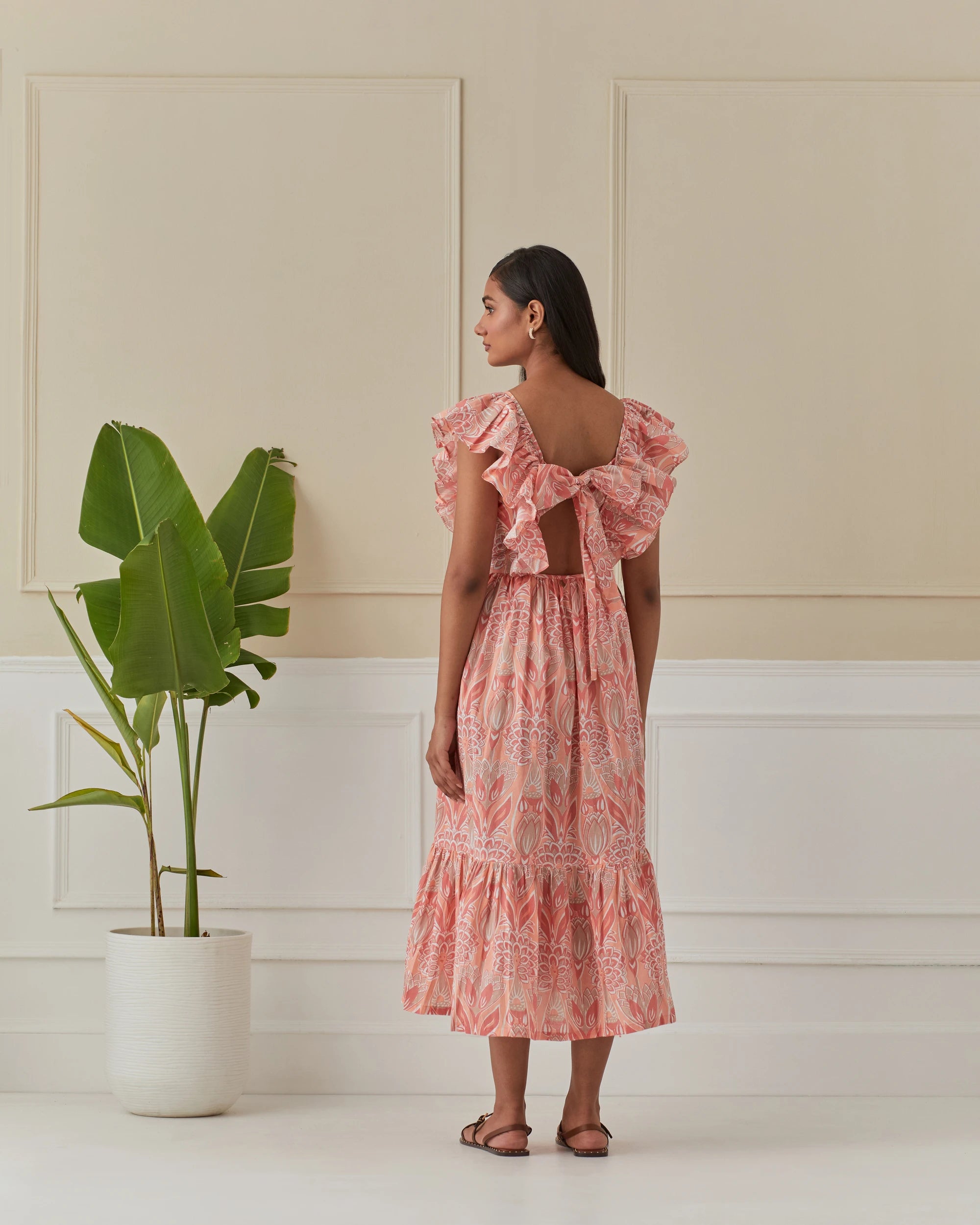 Coral Dancing Peacock, Butterfly Sleeve Long Dress