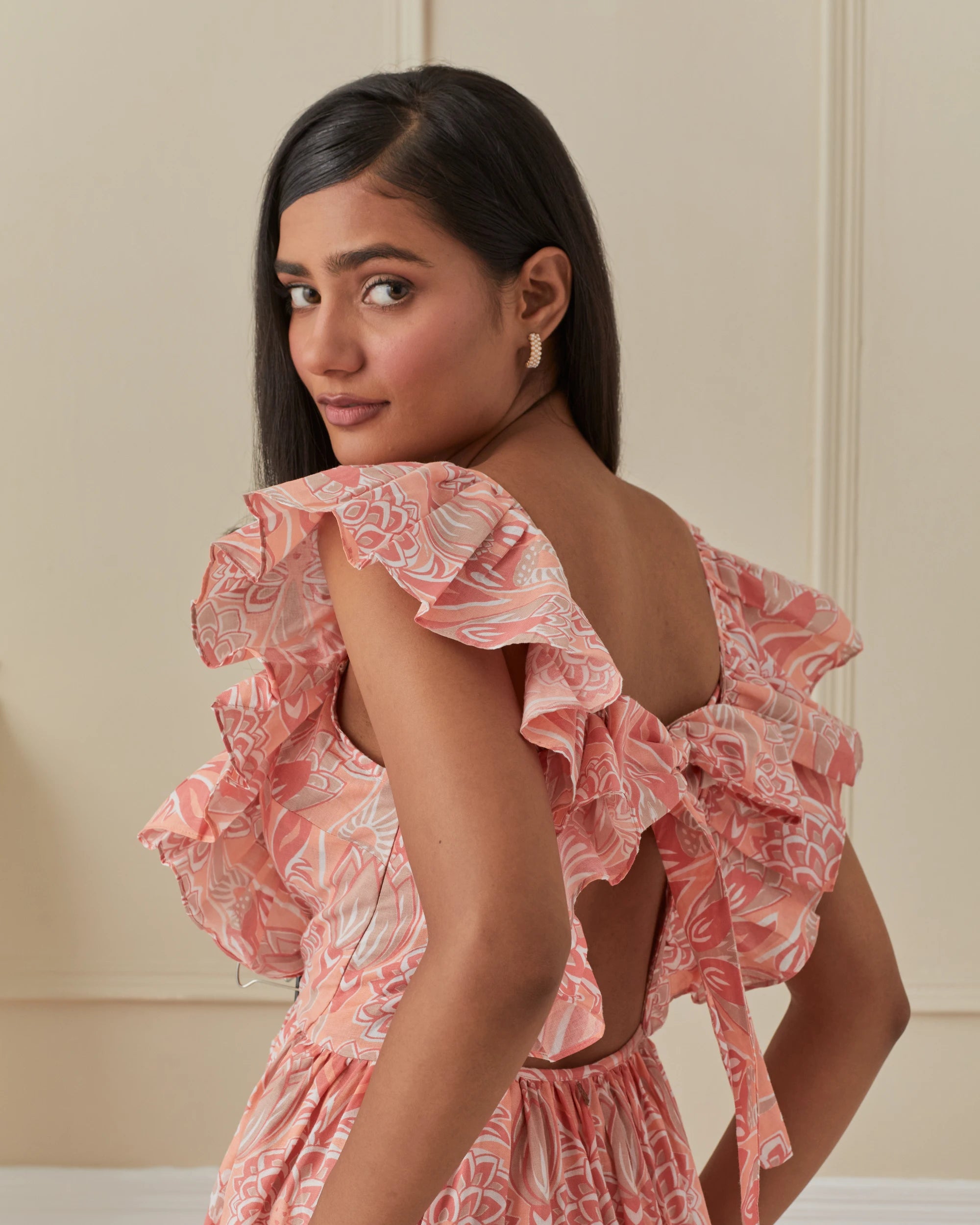 Coral Dancing Peacock, Butterfly Sleeve Long Dress