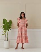 Coral Dancing Peacock, Butterfly Sleeve Long Dress