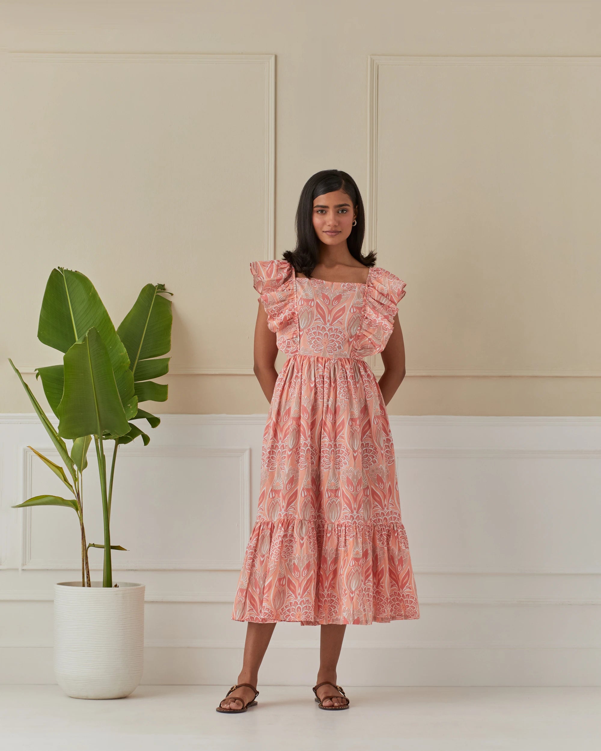Coral Dancing Peacock, Butterfly Sleeve Long Dress