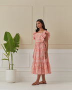 Coral Dancing Peacock, Butterfly Sleeve Long Dress
