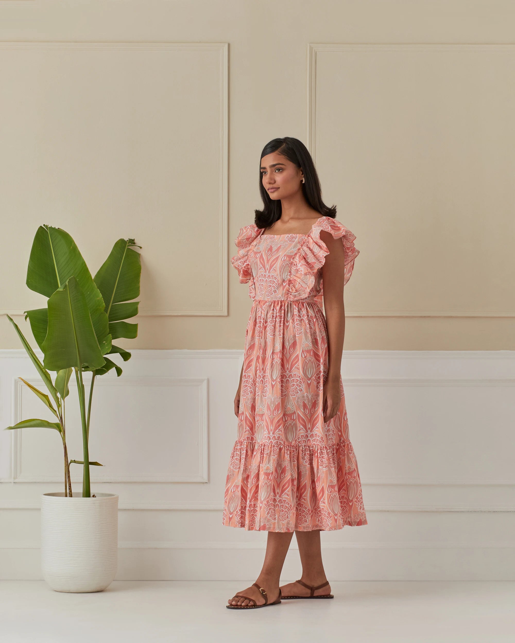 Coral Dancing Peacock, Butterfly Sleeve Long Dress