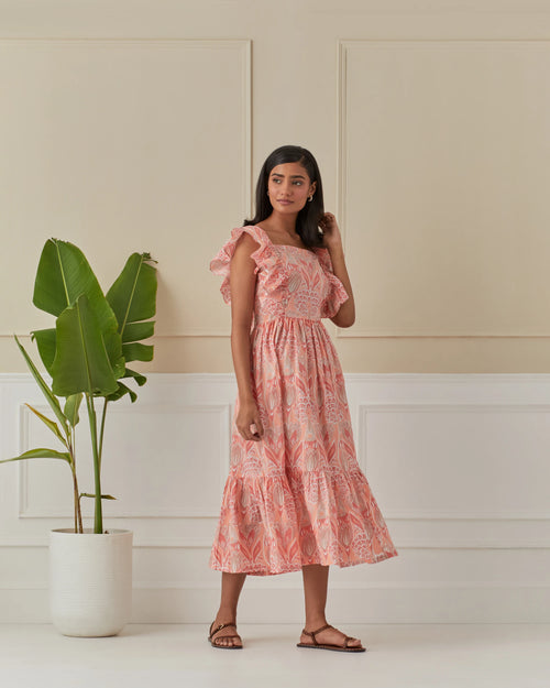 Coral Dancing Peacock, Butterfly Sleeve Long Dress