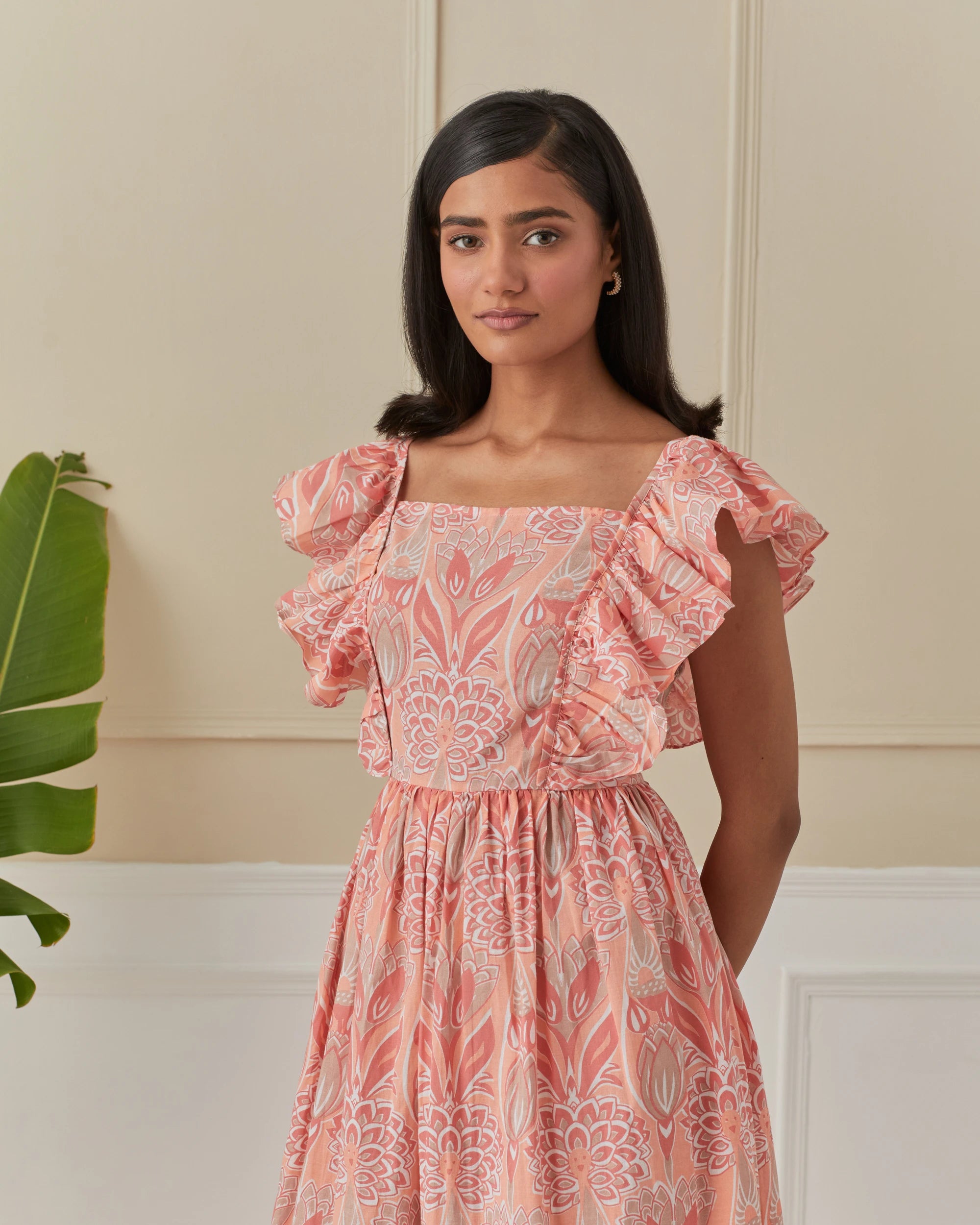 Coral Dancing Peacock, Butterfly Sleeve Long Dress