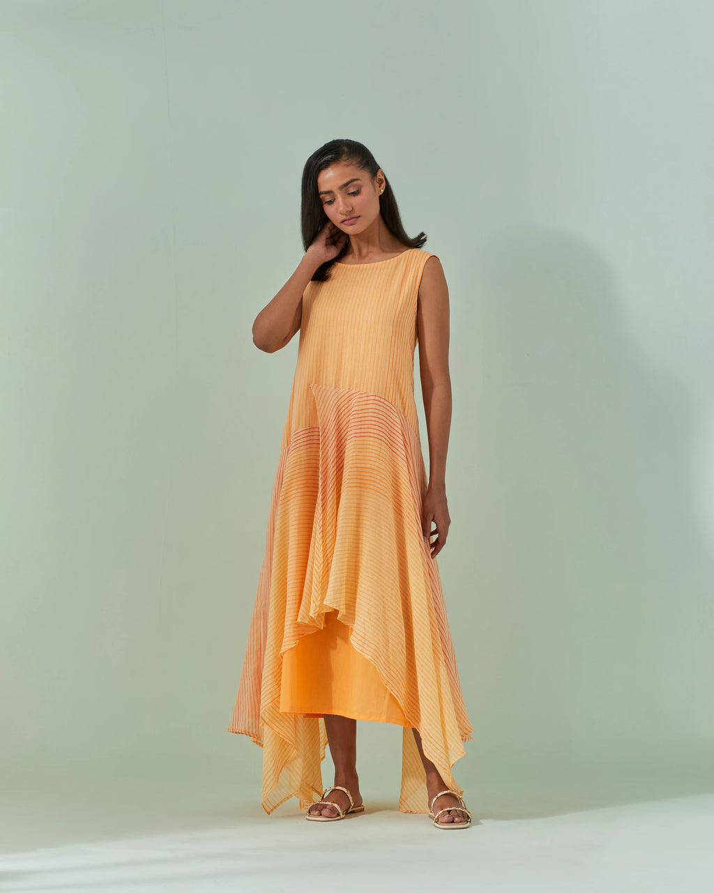 Peach And Saffron Hued, Ambre Stripe Printed Layered Dress