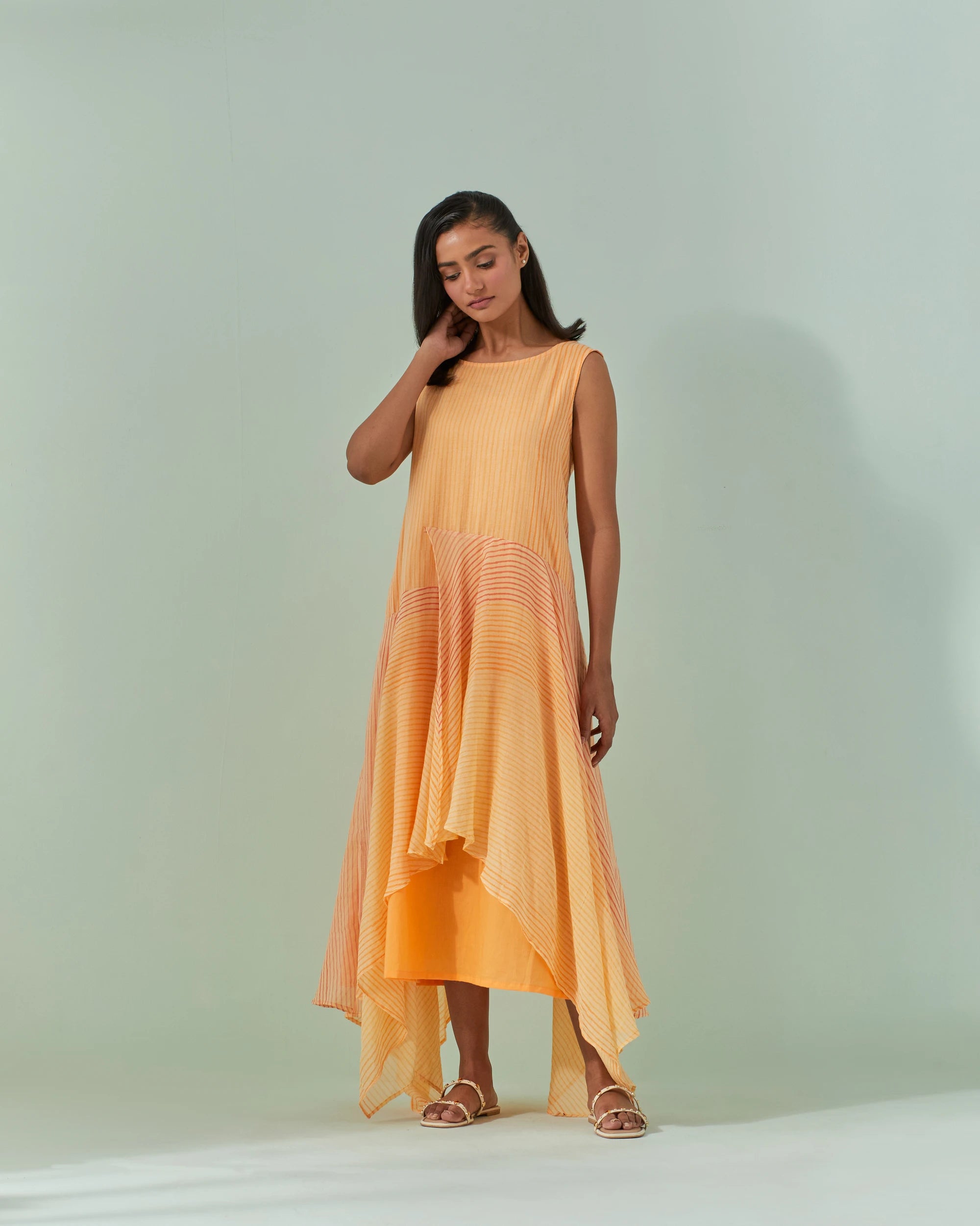 Peach And Saffron Hued, Ambre Stripe Printed Layered Dress