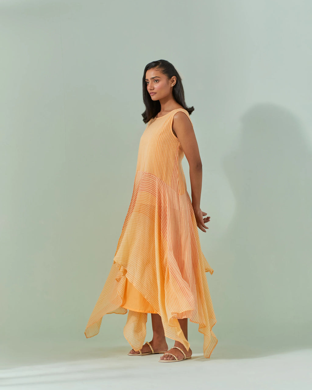 Peach And Saffron Hued, Ambre Stripe Printed Layered Dress