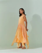Peach And Saffron Hued, Ambre Stripe Printed Layered Dress