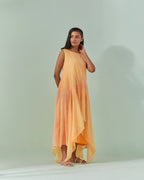 Peach And Saffron Hued, Ambre Stripe Printed Layered Dress