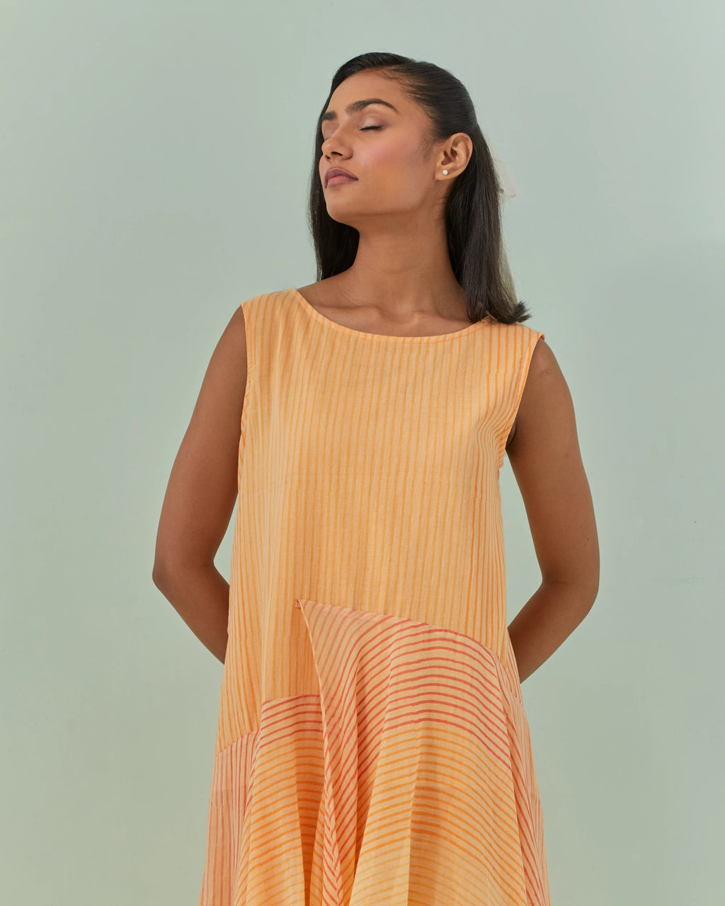 Peach And Saffron Hued, Ambre Stripe Printed Layered Dress