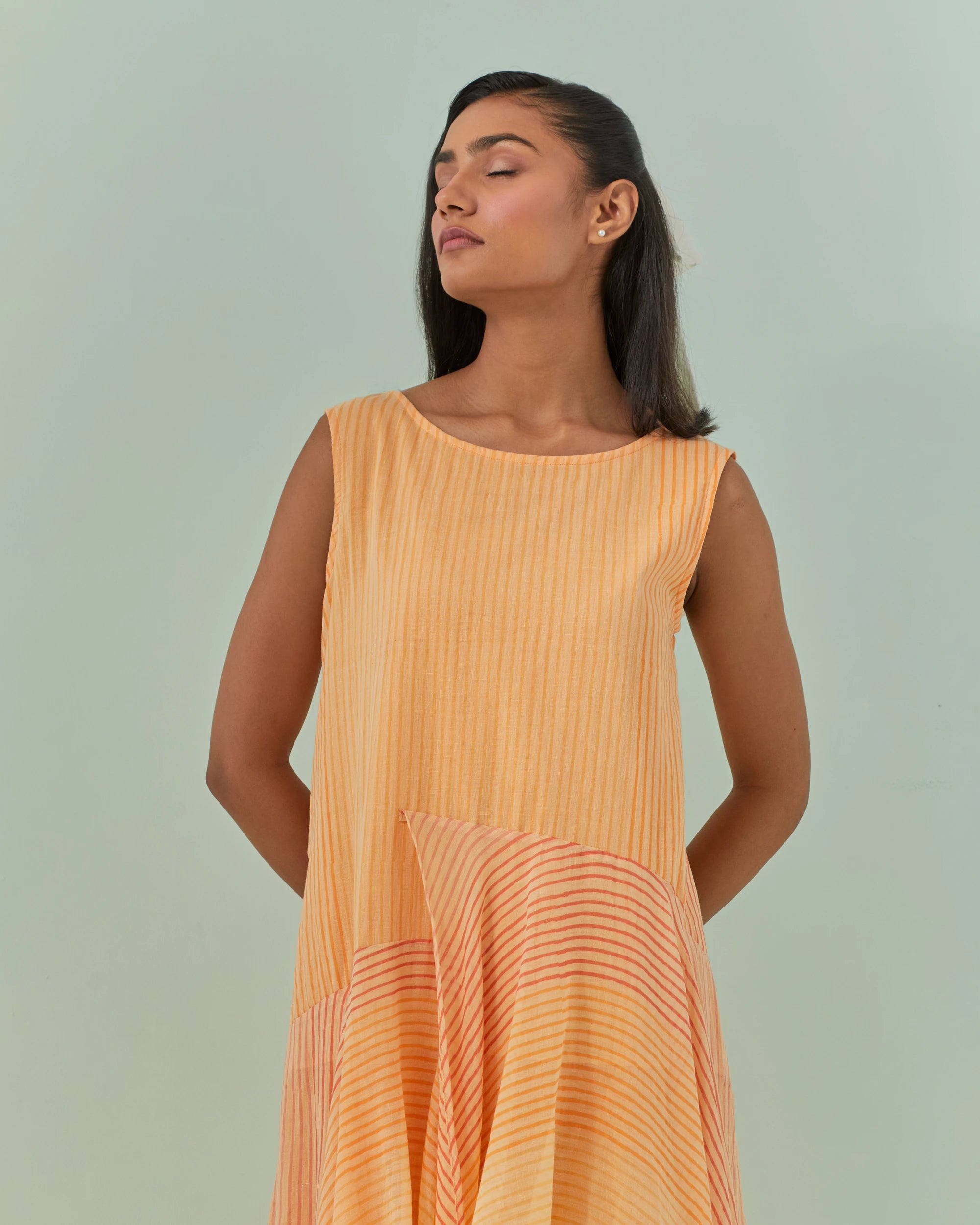 Peach And Saffron Hued, Ambre Stripe Printed Layered Dress