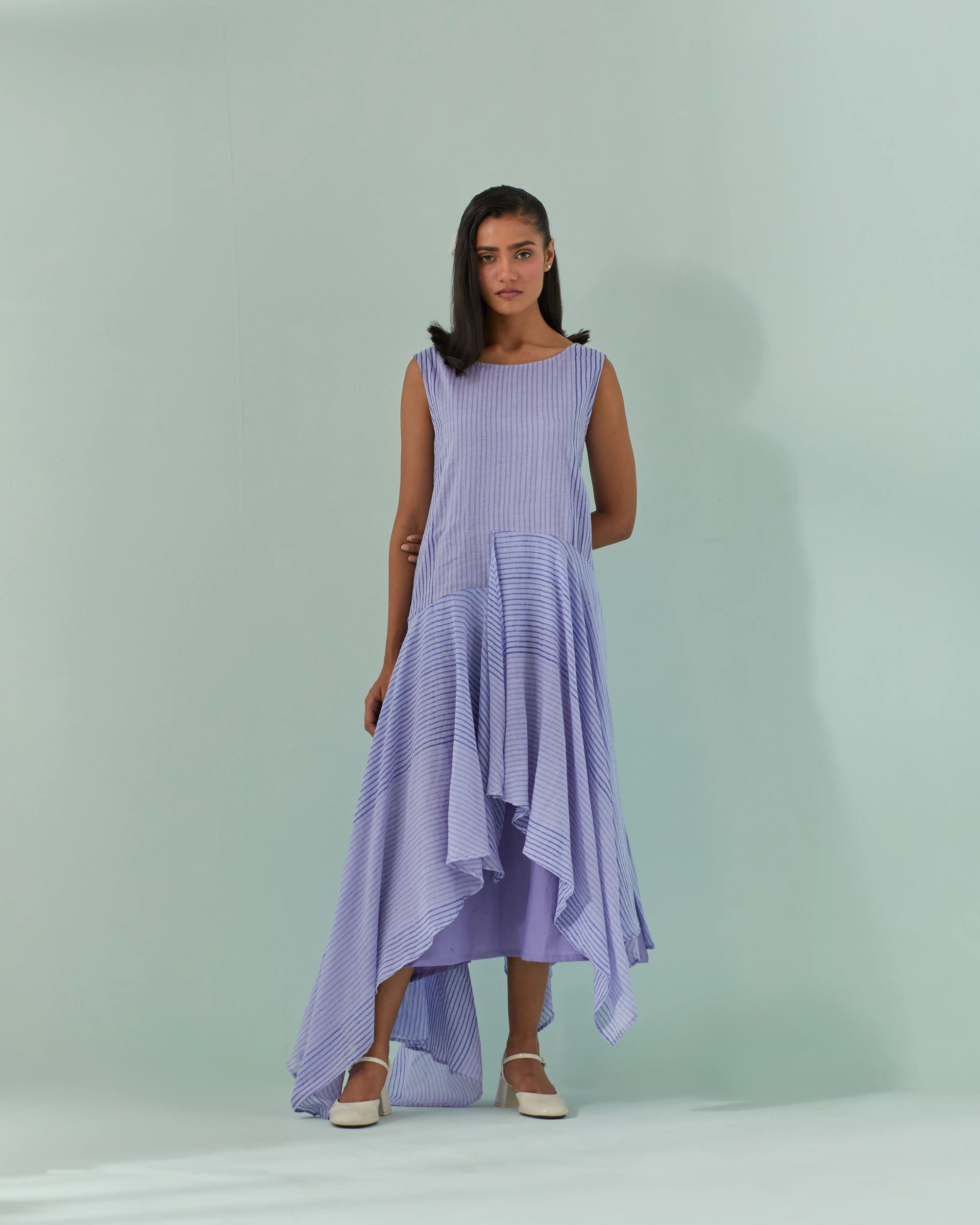 Cornflower And Lavender Hued, Ambre Stripe Printed Layered Dress
