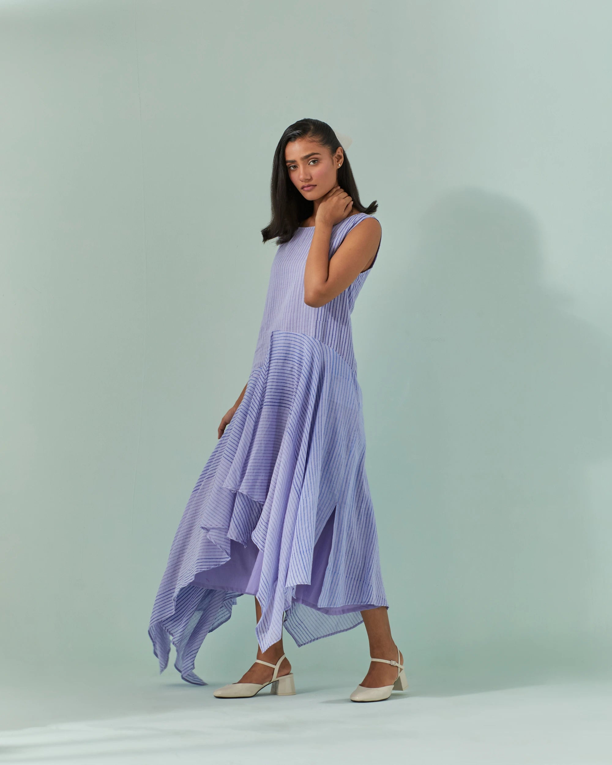 Cornflower And Lavender Hued, Ambre Stripe Printed Layered Dress