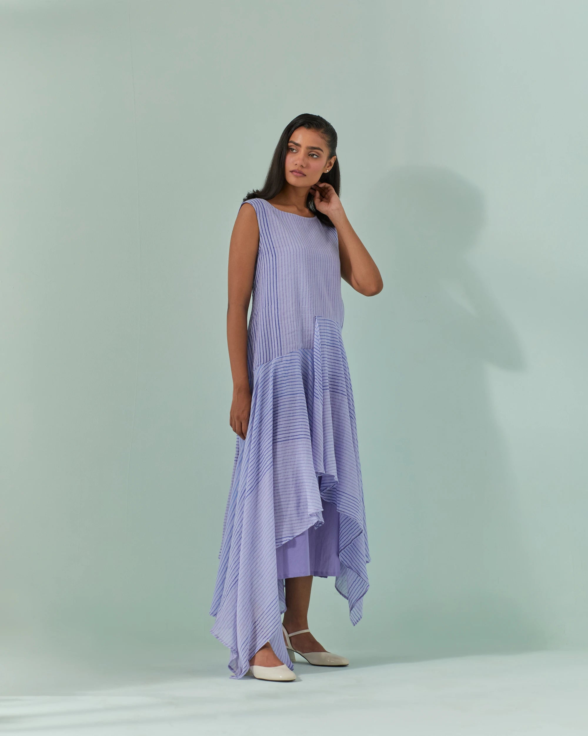 Cornflower And Lavender Hued, Ambre Stripe Printed Layered Dress