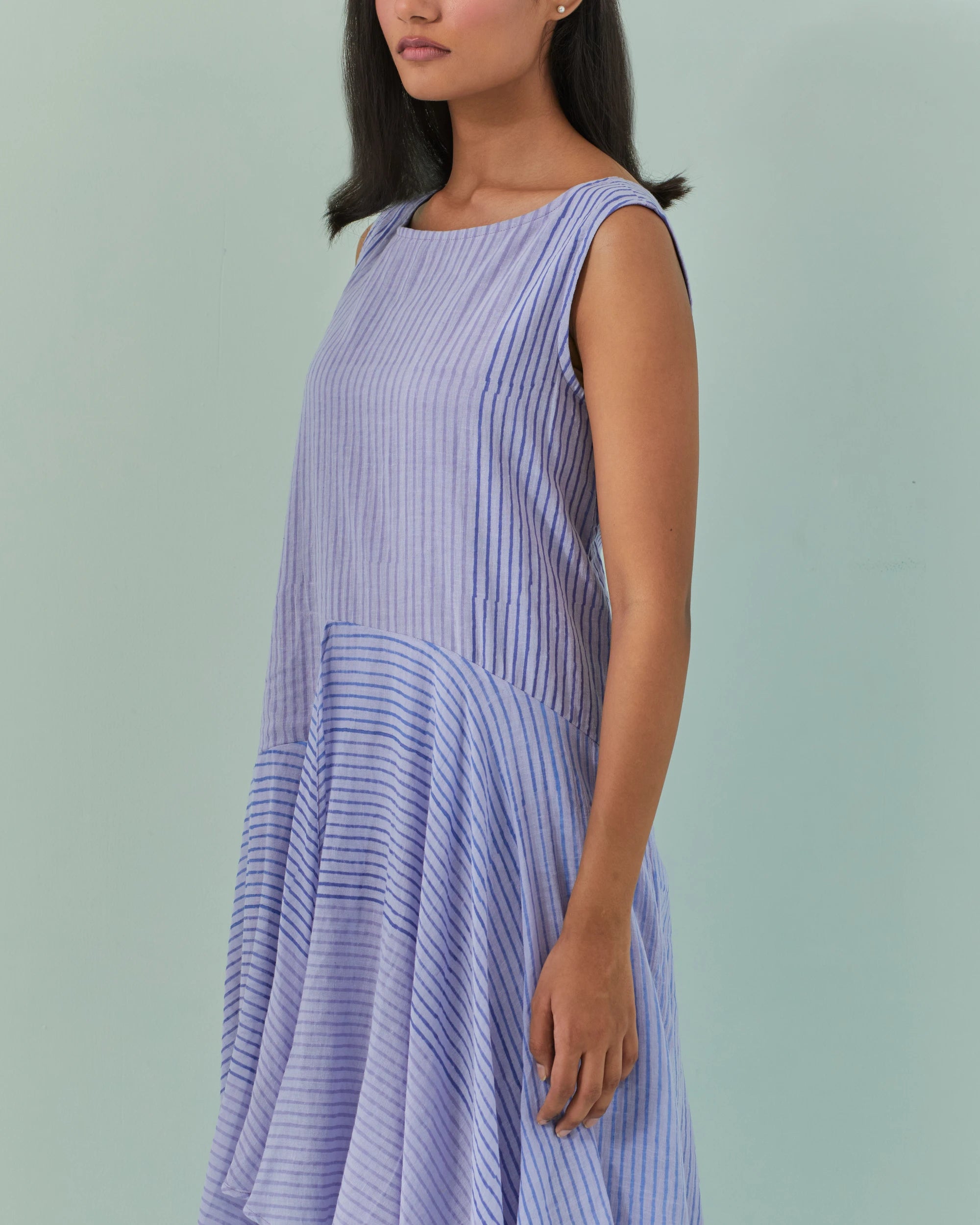 Cornflower And Lavender Hued, Ambre Stripe Printed Layered Dress