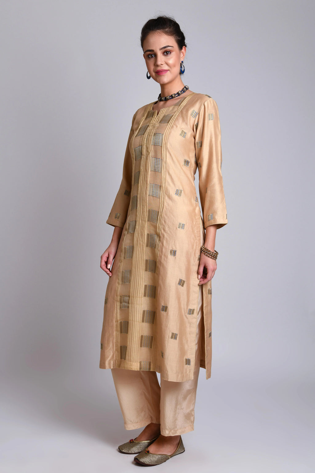 Paneled Kurta With Pinktuks And Round Neck