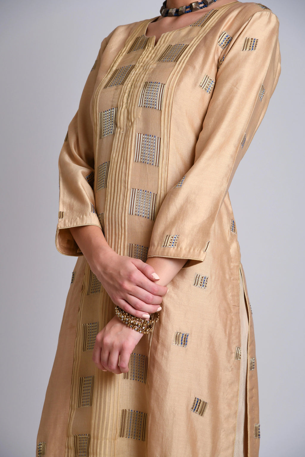 Paneled Kurta With Pinktuks And Round Neck
