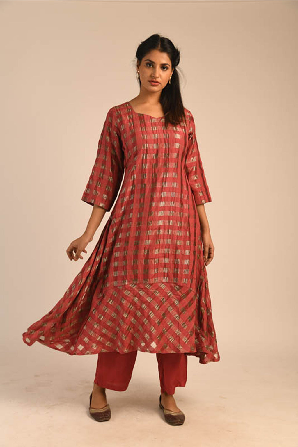 Earth Red Silk-Zari Kurta Set